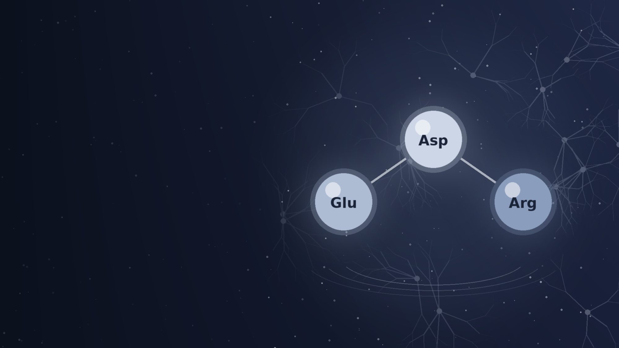 Three linked silver spheres labelled Glu, Asp and Arg in front of a faint network of branching nerve cells on a midnight-blue background